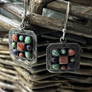 VTG 925 Solid Sterling Silver Southwestern Gemstone Square Dangle Drop Earrings - Picture 1 of 5