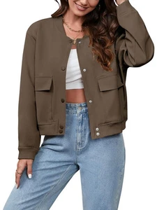 MEROKEETY Long Sleeve Button Down Cropped Shacket Coat Brown Pockets Large NWT - Picture 1 of 9