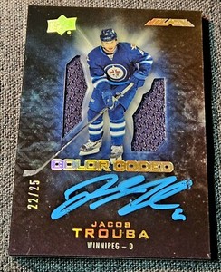 2016-17 UD Black Color Coded /25 Blue Jersey Auto Jacob Trouba Patch SP #CO-TR