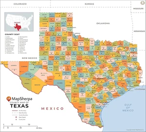 Mappa delle contee del Texas - grande - laminata 48" x 43,5" - Foto 1 di 12