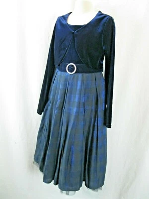 蓝色天鹅绒格子格子连衣裙 7 码圣诞婚礼派对假日全新无标签 — 第 1/4 张图片