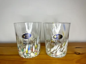 PAIR MURANO ITALY TECHNIQUE HAND MADE WHITE CRYSTAL CONFETTI GLASSES TUMBLERS - Picture 1 of 9