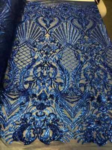 Sea Shell Damask Sequin - Royal Blue - Sequins 4 Way Stretch Mesh By Yard - Picture 1 of 4