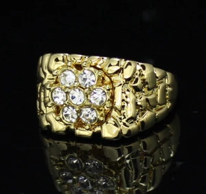 Mens Nugget Pinky CZ Ring 14k Gold Plated Icy Cluster Hip Hop Band - Picture 1 of 4