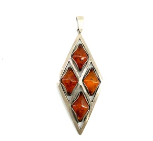 Vintage Sterling Silver Diamond Shaped Multi Cluster Amber Stone Modern Pendant - Picture 1 of 9