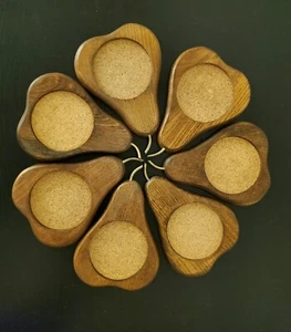 Set of 7 Vintage Sere Handcarved Hardwood and Cork Coasters pear Shape Japan - Picture 1 of 11