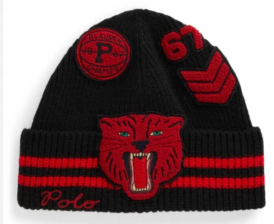 New Polo Ralph Lauren Embroidered Tiger Patchwork Sportsman Varsity Winter Hat - Image 1 of 4