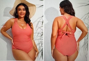 Cupshe Tempest Shirred Cutout Tie Back One Piece Swimsuit Bathing Suit Plus 0X - Picture 1 of 10