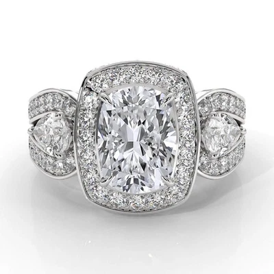 Anillo de compromiso vintage de diamantes con halo pavé de 3 piedras de oro GIA F-SI1 de 2,86 quilates Foto 1 de 4