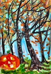 ACEO Original Painting TREE Autumn Landscape FALL Leaves Lit Pumpkin ATC ART - Picture 1 of 1