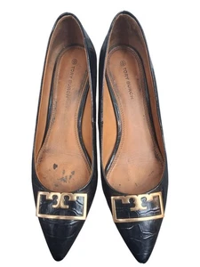 Vintage Tory Burch schwarz Leder Krokoprägung Keilabsatz spitz zulaufend Damen 9m - Bild 1 von 6