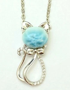 P4396 Natural Caribbean Ocean Blue Larimar Kitty Cat Sterling Silver Pendant - Picture 1 of 2