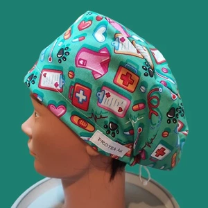 Nurses Uniform cotton long hair scrub cap, doctor, scrub hat. Handmade Australia - Picture 1 of 15