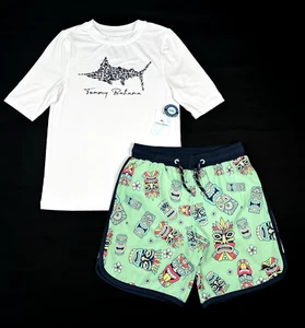 Tommy Bahama Rash Guard Swim Trunk Set Boy's in Tiki Mask UV50 Size 7 NWT - Picture 1 of 15