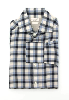 NWT Brunello Cucinelli Men "Slim Fit" Checkered Print Button-Down Shirt XS  A242 - Image 1 of 4