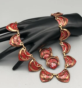 Juego de collar y pendientes vintage MCM Matisse esmalte rojo manchado con superposición de cobre - Imagen 1 de 4