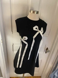 CIDER BLACK PULLOVER DRESS WITH WHITE RIBBONS AT FRONT-SIZE LARGE-NWOT-STRETCHY! - Picture 1 of 8
