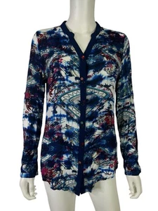 Desigual Blouse Top Blue Lightweight Roll Tab Long Sleeve Crochet Back Size L - Picture 1 of 13