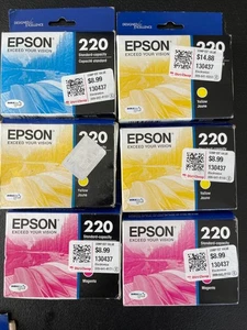 NOWE 6 OPAKOWAŃ ORYGINALNYCH 220 WKŁADÓW ATRAMENTOWYCH EPSON 1 cyjan, 3 żółte, 2 purpurowe - Zdjęcie 1 z 3