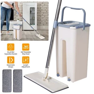 360° Flat Floor Mop Bucket Set Self Cleaning Wet Dry Usage with Microfiber Pads - Picture 1 of 21