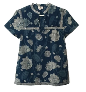 Anokhi Indigo Floral Cotton Top, Size X-Small - Picture 1 of 1
