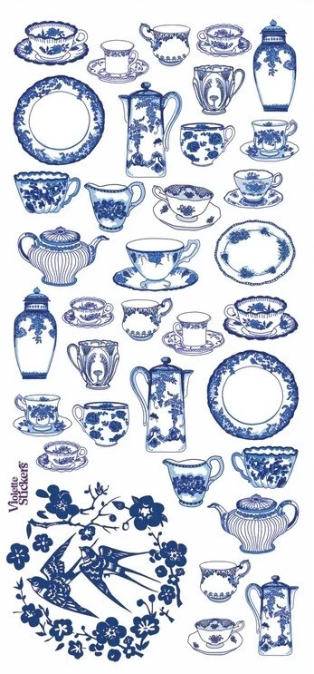 VIOLETTE STICKER - BLUE CHINA, Cups, Teapot, Plates - 8" x 3 3/4" (20cm x 9cm) - image 1 of 1