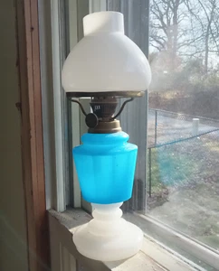 1880s BLUE SEMI OPAQUE CUT GLASS 12 SIDED MINIATURE OIL LAMP WHITE PONTILED BASE - Picture 1 of 8