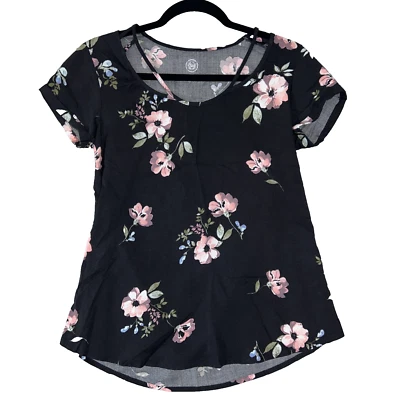 So Womens Blouse Dark Floral Strappy Scoop Neck Short Sleeve Shirt XS Cottage - Image 1 of 4