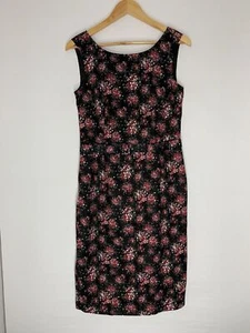 Laura Ashley Dress 10 Black Floral Print Sleeveless Round Neck Belt Lined Linen - Picture 1 of 13