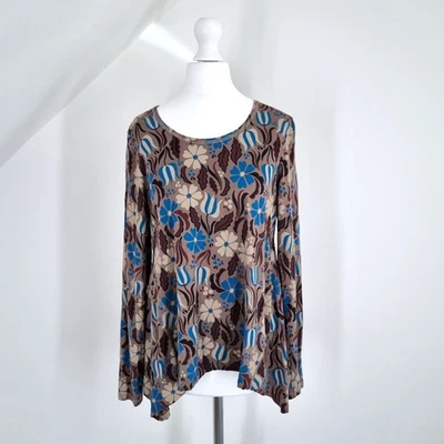 Gudrun Sjoden Top T-shirt Long Sleeves Floral Blouse Brown Scoop Waterfall Small - Image 1 of 4