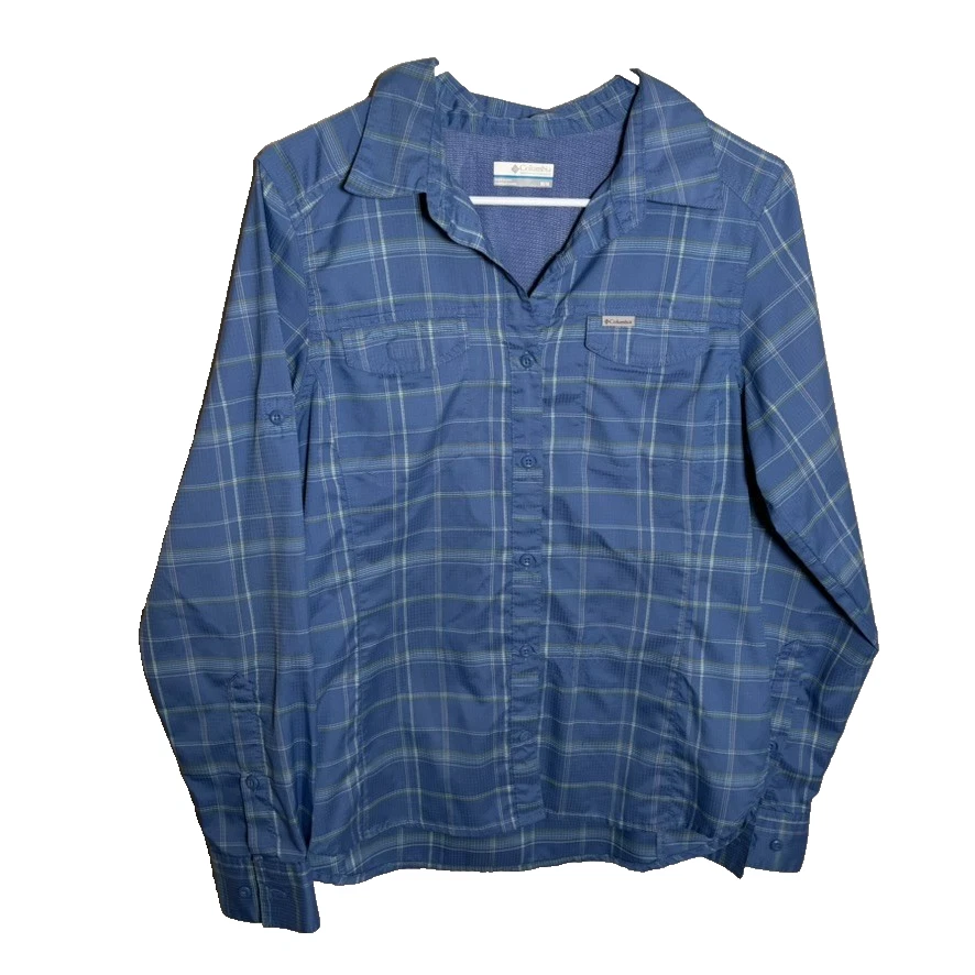 Camisa deportiva Columbia para mujer mediana azul a cuadros con botones manga larga cuello Foto 1 de 4