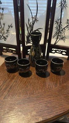 Japanese Sake Set Carafe & 4 Cups Black Gold Peacock Floral - Image 1 of 3