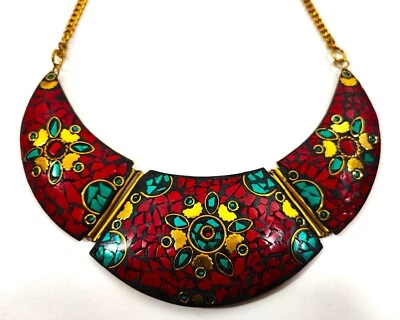 Rote Koralle & Türkis Stein Tibetischen Stil Vergoldet Halskette Lätzchen Kette - Bild 1 von 4