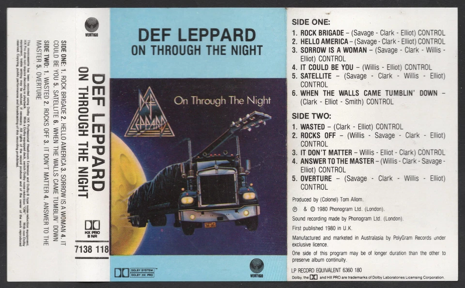 1988 MUSIC AUDIO CASSETTE TAPE [ALBUM: ON THROUGH THE NIGHT] GROUP: DEF LEPPARD - Image 1 of 4