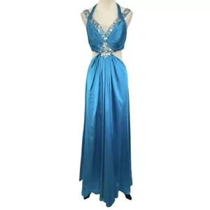 Halter Maxi Dress Formal Gown Rhinestone Cutout Evening Party Blue Womens 8 - Picture 1 of 18