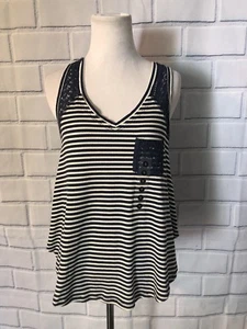 NWT American Rag Cie Lace Trim Tank Sz S Navy White Stripe Pocket Flowy New $29 - Picture 1 of 6