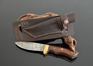Damascus Knife and Horizontal Leather Sheath Hunting Fixed Blade Knife with Belt