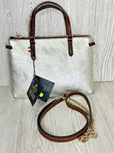 NWT Toro Firenze Made In Italy Silver Leather Crossbody Double Handle Handbag - Picture 1 of 24