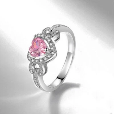 Love Heart 3ct AAA Unique CZ White Gold FilleddPink Womens Wedding Ring Sz 4-9.5 - Image 1 of 4