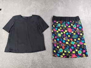 Louis Feraud Vintage 2 Piece Set Top & Skirt 14 Black Multicolor Lined Geometric - Picture 1 of 24