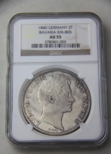 1840 German State Bavaria 2 Thaler KM805 NGC AU55 - Picture 1 of 7