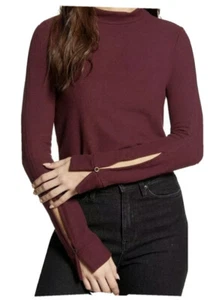 Project Social T Long Split Sleeve Mock Neck Tee M Burgundy Wine Fleece Crop - Picture 1 of 7