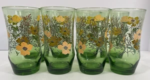 8 M. Dia Libbey Drinking Glasses Green w/Peach Poppy Floral design NICE! - Picture 1 of 6