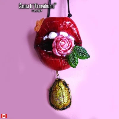 Art Jewelry Designer Necklace Pendant Fashion Brand Custom Kiss Sexy Lips Flower - Image 1 of 4