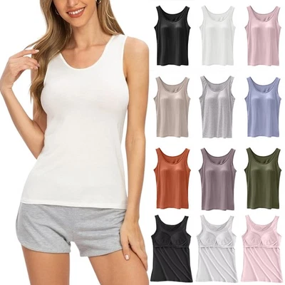 Womens Padded Cami Tank Vest Tops With Built in Bra Camisole Sleeveless T Shirt - Image 1 of 4