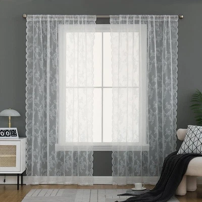 Cortinas de encaje blanco 78 pulgadas de largo - Cortinas transparentes de encaje bordado floral para... Foto 1 de 4