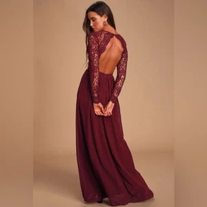 Lulus Awaken My Love Burgundy Long Sleeve Lace Maxi Dress Burgundy M - Picture 1 of 10