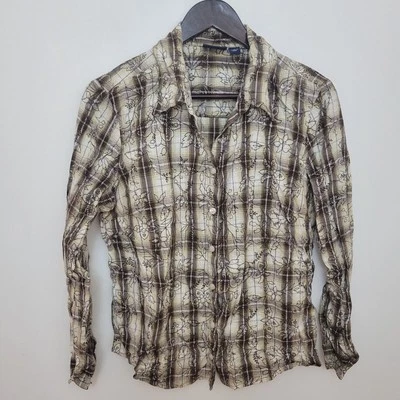 Vintage Womens Blouse Shirt Top Size 18 Brown Check Floral Smart Work Boho 80s - Image 1 of 4