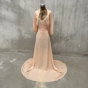 Vintage 1930s Baby Pink Silk Bias Cut Dress & Jacket Set Ruched Low Back Maxi - Picture 1 of 22