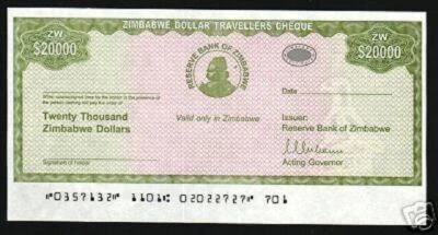 ZIMBABWE 20000 DOLLARS P-18 2003 UNC TRAVELRS CHEQUE RARE MONEY BANK NOTE - Image 1 of 4